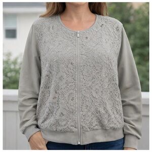 Isaac Mizrahi Live Womens Jacket Gray Floral Quilted Lace Zip Front Lined